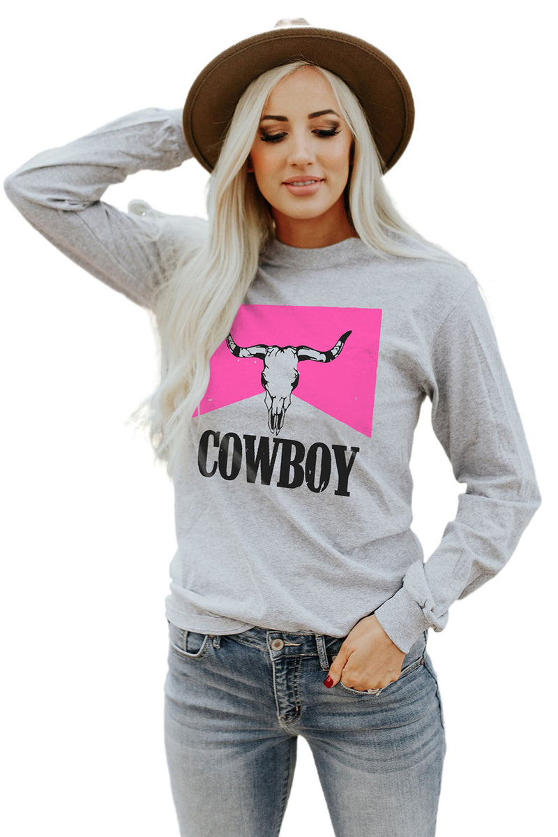 Gray COWBOY Steer Skull Graphic Long Sleeve Top