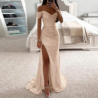 Women Mermaid Champagne Evening Maxi Dresses 2024 Elegant Off-Shoulder Sequin Split Prom Formal Gowns For Party Customized