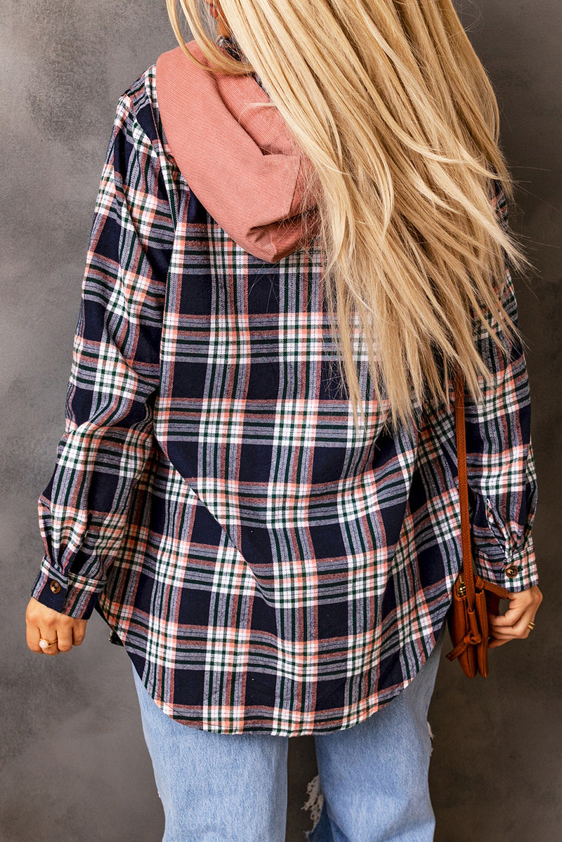 Bluing Contrast Hooded Drawstring Plaid Shacket