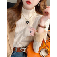 Women's Turtleneck Sweater Winter 2024 Retro Red with Velvet Lining Thickened Inner Wear Thermal Knitting Bottoming Shirt