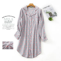 Flannel Cotton Home Nightdress Cardigan Shirt Night Dress Cute Cartoon Plaid Design Sleepwear Fashion Sleeping Shirt Woman