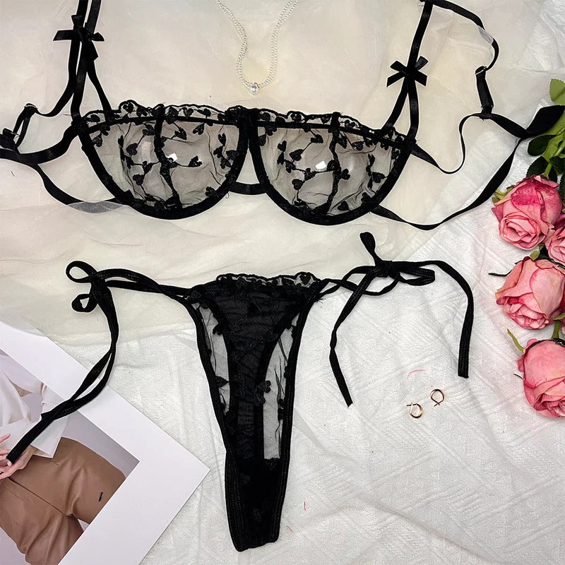 Sexy Bra Sets for Women Strap Lingerie Lace Embroidery Heart-shape Fairy Seamless Underwear See Through Exotic Set Bra Brief Set