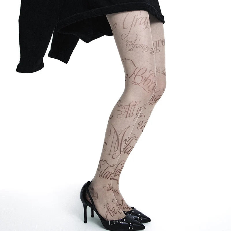 Sexy Women English Printed Stockings Dark Punk Butterfly Skin Tone Tattoo Jumpsuit Pantyhose Cosplay Lace Party Fishnets Tights