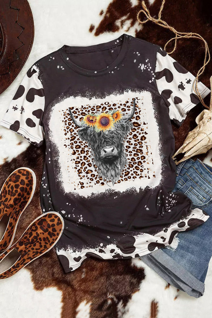 Black Western Bleached Tie-dye Leopard Heifer Graphic Tee