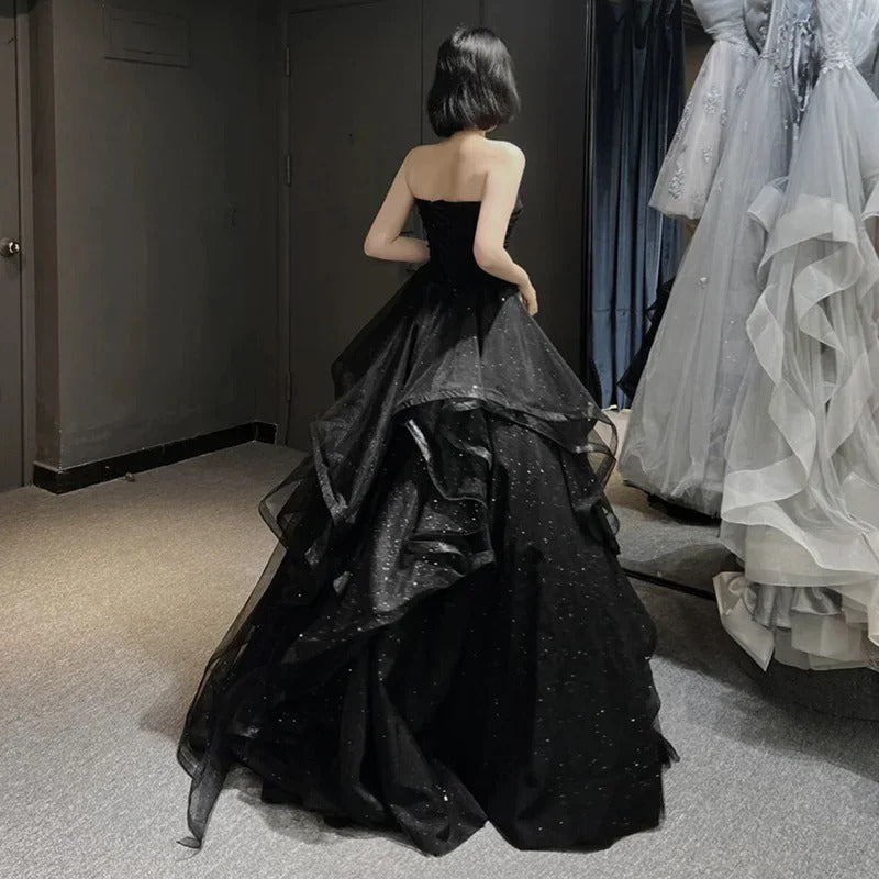 Customized Temperament Black Elegant Wedding Party Dresses Strapless Tiered Draped Prom Robe 2024 New Ball Gown Formal Dress Wom