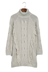 Gray Twist Fringe Casual High Neck Sweater Dress