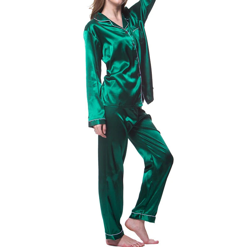 Women Satin Pajamas Cozy Lounge Set Autumn Long Sleeve Buttons Lapel Top & Pants Loungewear 2 Piece Sleepwear Button-Down Pj Set