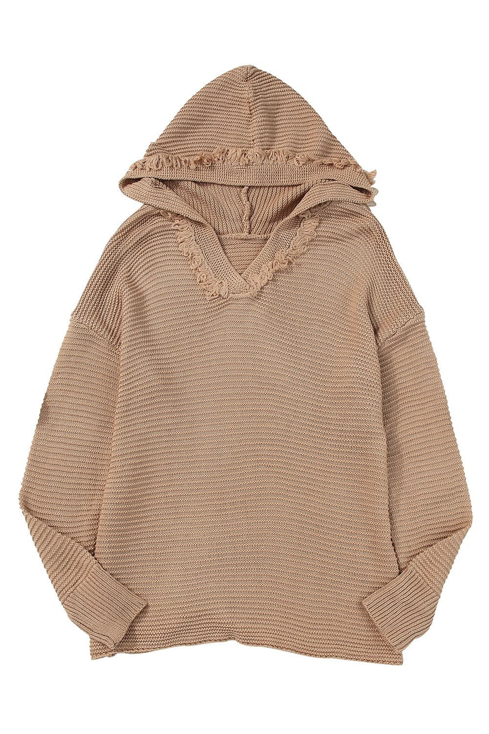 Khaki V Neck Ribbed Drop Shoulder Hooded Sweater