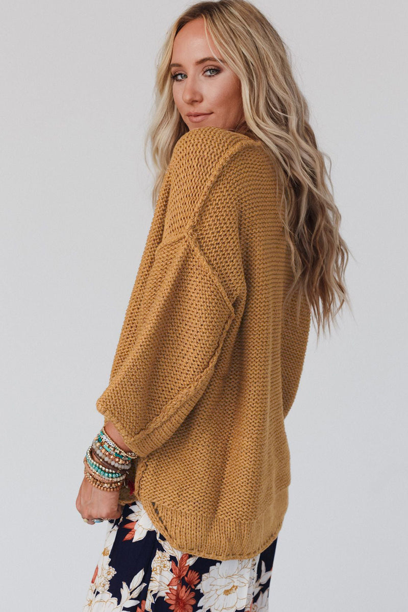 Brown Slouchy Textured Knit Loose Sweater