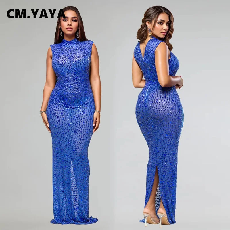 CM.YAYA 2024 Fall Diamonds Hot Rhinestones O-neck Women Sleeveless Bodycon Long Dress Birthday Party Evening Prom Maxi Dresses