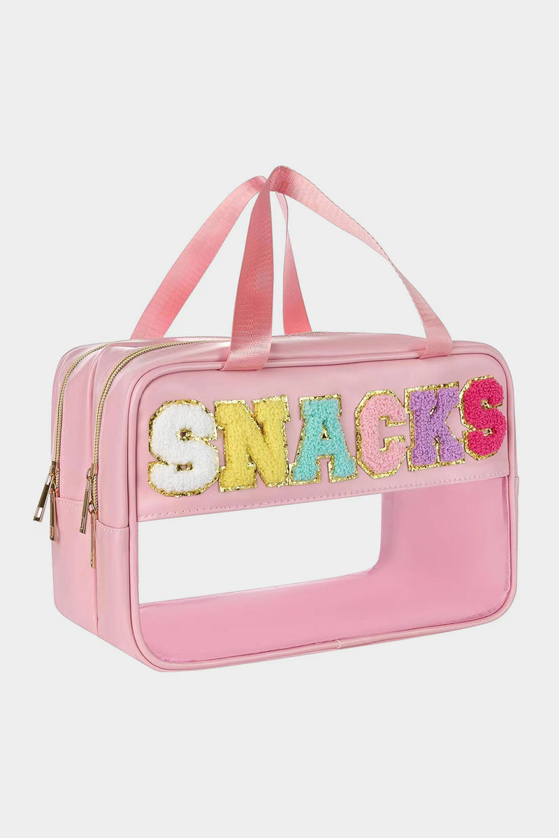 Pink SNACKS Clear PVC Double Layered Portable Bag