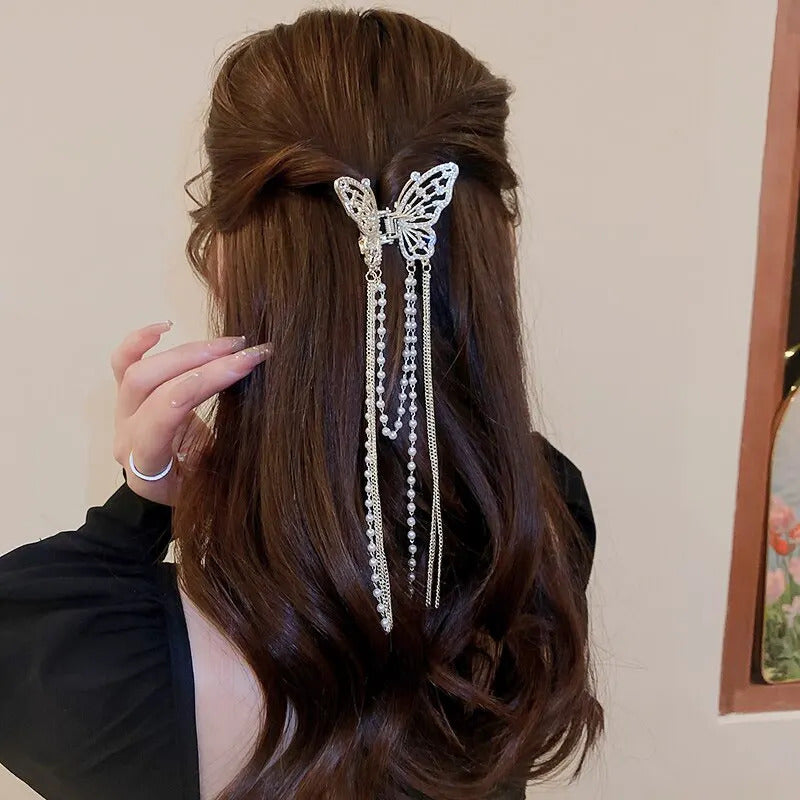 Butterfly Hair Clip With Long Tassel Hair Accessories For Women Elegant Imitation Pearl Rhinestone Shark Hairpins Jewelry