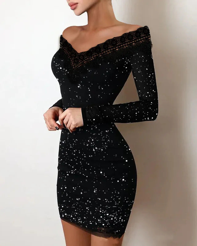 2024 New Spring Women's Fashion, Elegance, Leisure, Sexy Long sleeved Lace Edge, One Shoulder Silver Powder Sprinkled Dress