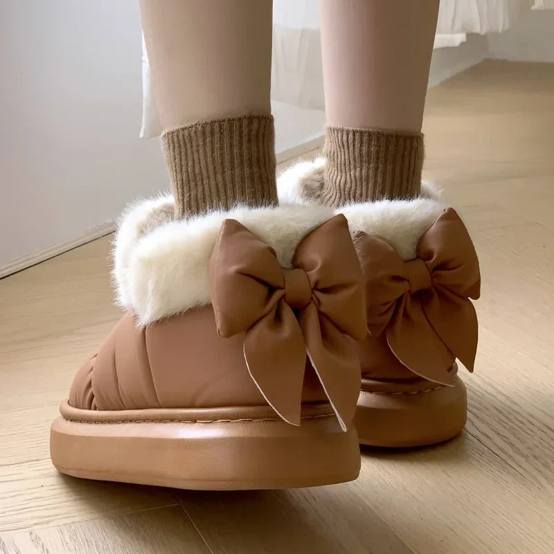 Cute Warm Ankle Boots Winter Women's Bow Warmth Plush Bow Cotton Shoes 2024 New Waterproof Down Cloth Short Barrel Snow Boots