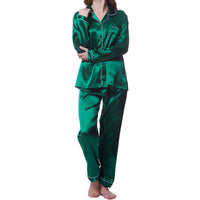 Women Satin Pajamas Cozy Lounge Set Autumn Long Sleeve Buttons Lapel Top & Pants Loungewear 2 Piece Sleepwear Button-Down Pj Set