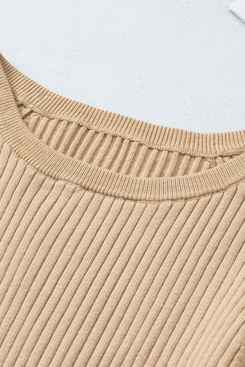 Apricot Ribbed Knit Round Neck Sweater