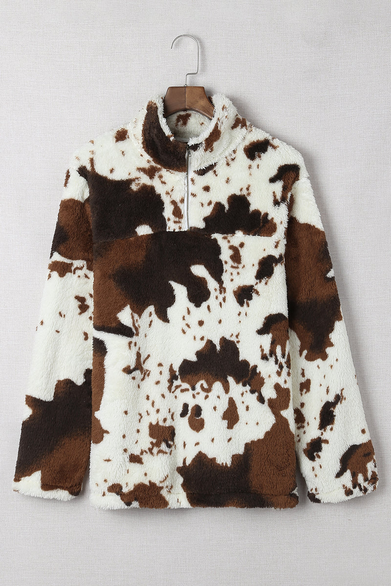 Zip Collar Cow Print Fleece Sweatshirt