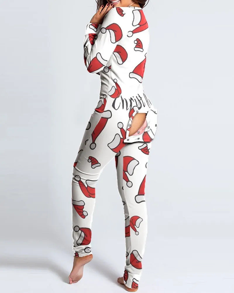 Sexy Pyjama Women's Jumpsuit Suit Button-down Front Back Butt Bum open Ass Flap Jumpsuit Loungewear Christmas Print Buttoned