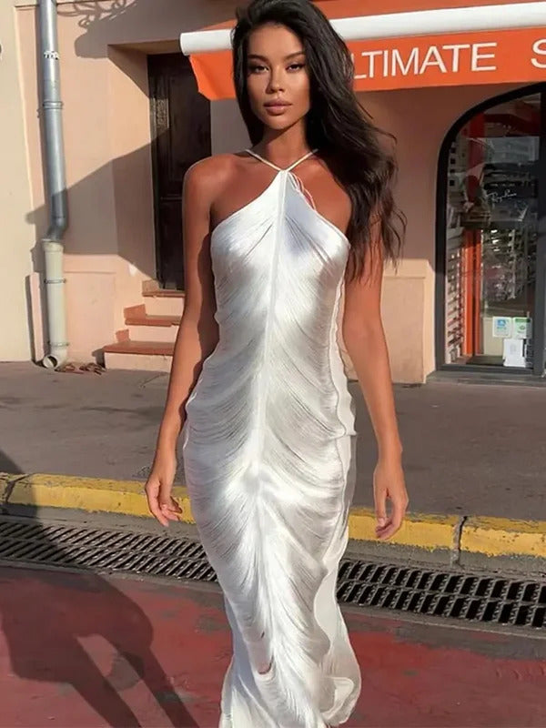 Women Fashion Tassel Back Slit Halter Dress Sexy Off Shoulder Sleeveless Slim Long Dresses 2024 Summer Lady Evening Party Robe