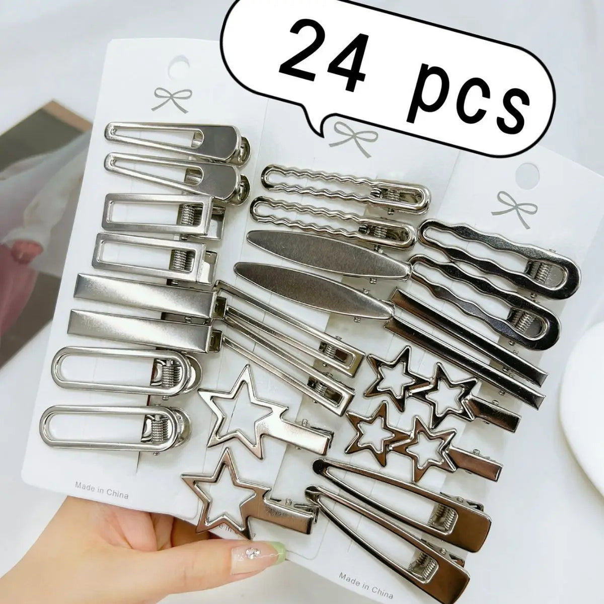 24Pcs/Set Y2K Silver Metal Hairpins for Women Girls Star Hair Clip Multiple Styles Seamless Duckbill Clip Girls Hair Accessoires