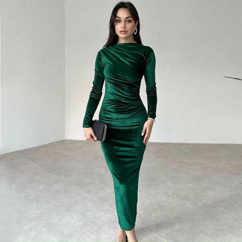 Dulzura 2024 Spring Summer Velvet Long Sleeve Midi Dress For Women Ruched Long Dress Elegant Party Clothes Evening Green Outfits