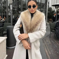 Elegant Woolen Lace Up Long Coat Women Mao Mao Big Lapel Long Sleeve Overcoat Female 2024 Winter Fashion Thicken Warm Coats Lady