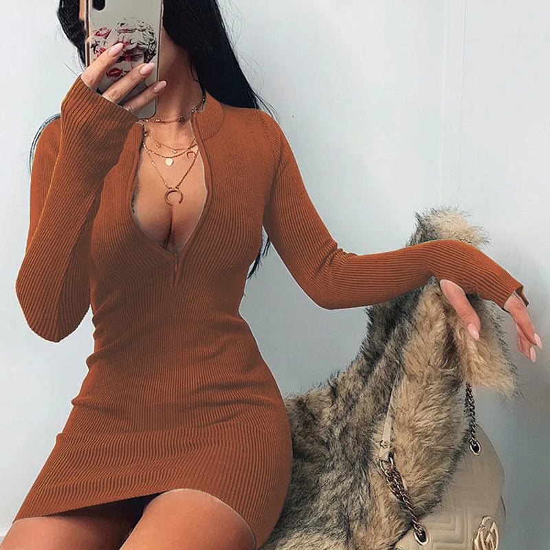 Women Half Zip Up Bodycon Party Dress Spring Autumn Long Sleeve Slim Rib Knitted Mini Dresses MYJ-myj16888