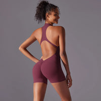 Sexy Hollow Backless Scrunch Butt Sport Jumpsuit Short Woman One Piece Gym Outfit Sleeveless Zipper Fitness Overalls Yoga Romper