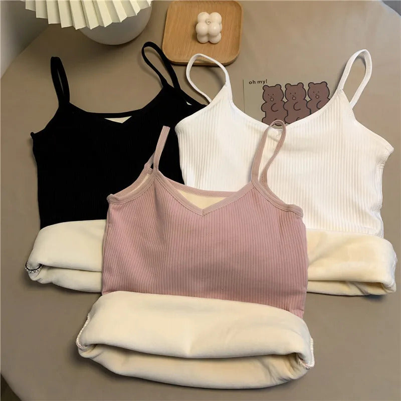 Women Winter Warm Underwear Solid Color Thermal Casual Nightwear Sexy Elasticity Female Thin Velvet T-shirt Sleeveless Tops