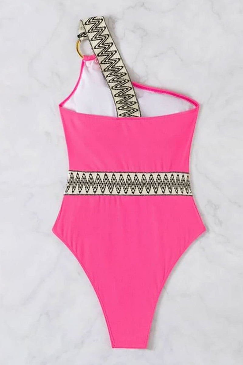 Bright Pink Contrast Trim Cut out One Shoulder One Piece Swimsuit