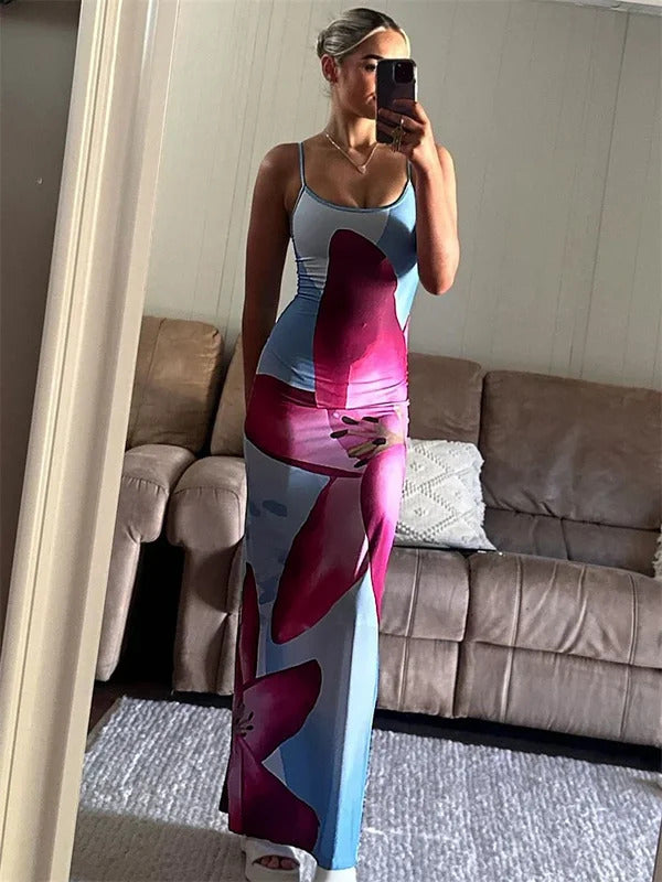 Tossy Printed Spaghetti Hot Backless Maxi Dress Women Fashion Slim Elegant Contrast Patchwork Halter Dresses Autumn Long Dress