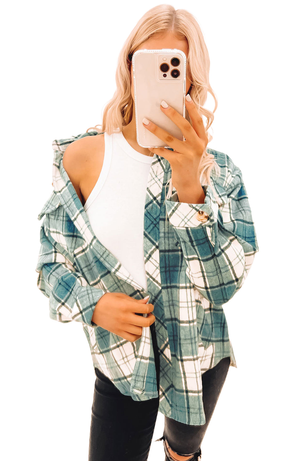 Green Plaid Pattern Flap Pockets Shirt