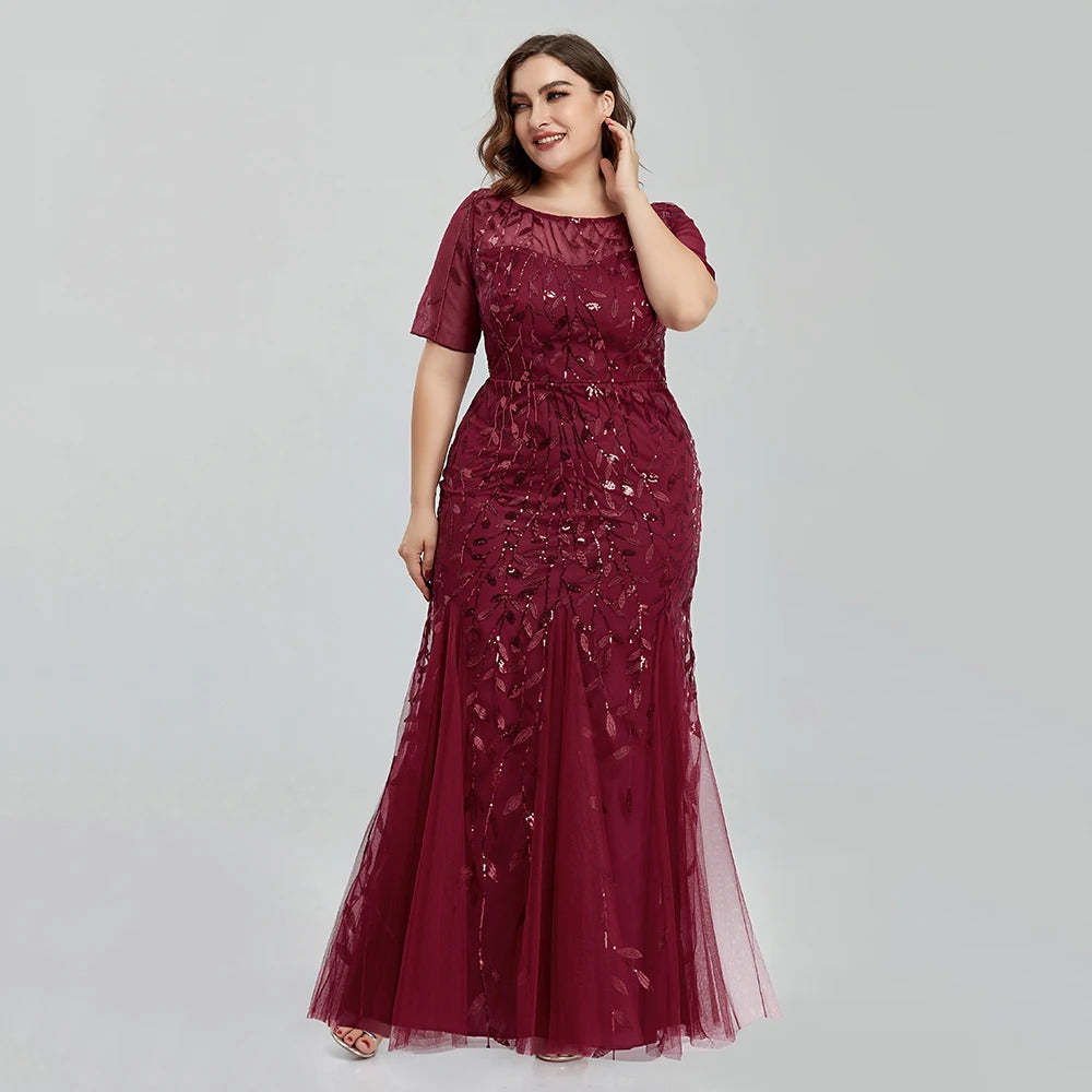 Women Plus Size Sequin Mesh Embroidery Mermaid  Evening Dress Formal Short Sleeve Elegant Party Prom Gowns 2020 New Long Dress