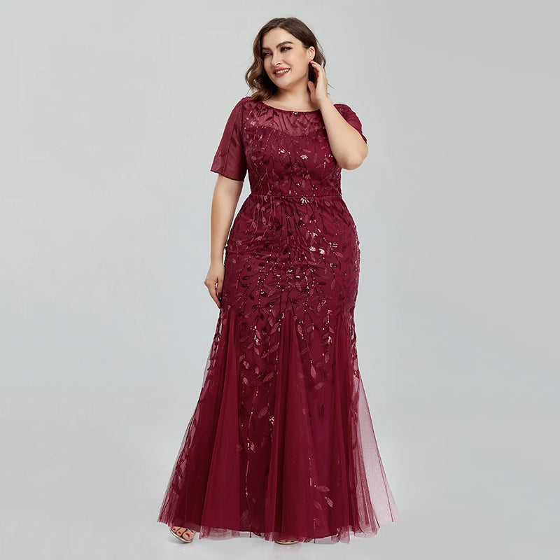 Women Plus Size Sequin Mesh Embroidery Mermaid  Evening Dress Formal Short Sleeve Elegant Party Prom Gowns 2020 New Long Dress