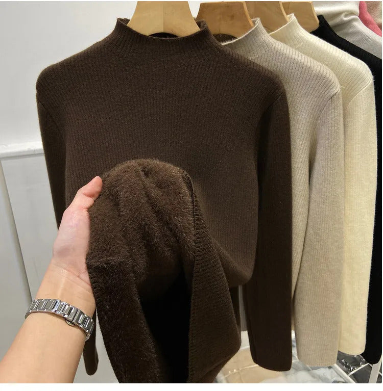 Turtleneck Winter Sweater Women Elegant Thicken Velvet Lined Warm Sueter Knitted Pullover Slim Tops Jersey Knitwear Jumper New