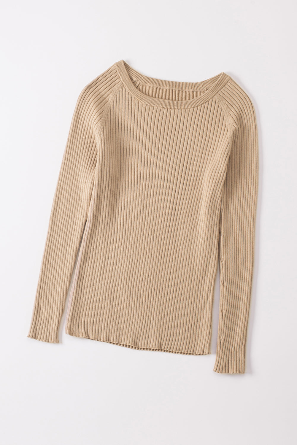 Apricot Ribbed Knit Round Neck Sweater