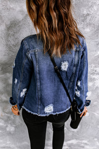 Blue Lapel Distressed Raw Hem Buttons Denim Jacket