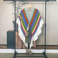 Women Ethnic Style Poncho Capes Ladies Fashion Stripe Colorful Knit Oversized Poncho Wrap Fringed Shawl Bohemian