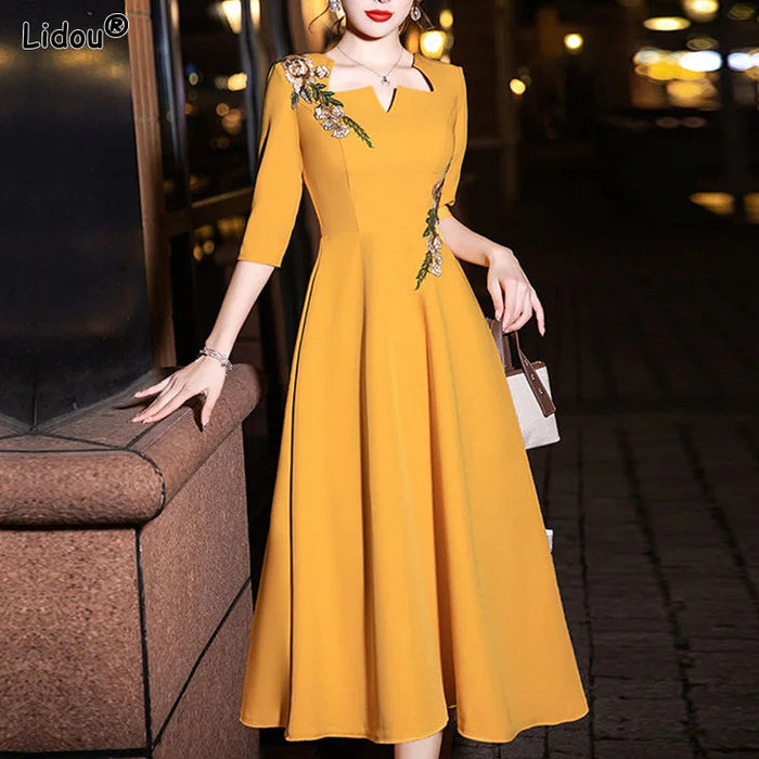 Elegant Embroidery Solid Dresses Vintage Reunion Women's Clothing Graphic Square Collar Spring Summer Thin Knee Skirts Skinny