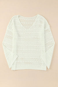 White Hollow Out Crochet V Neck Pullover Sweater