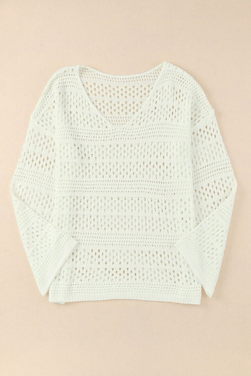 White Hollow Out Crochet V Neck Pullover Sweater