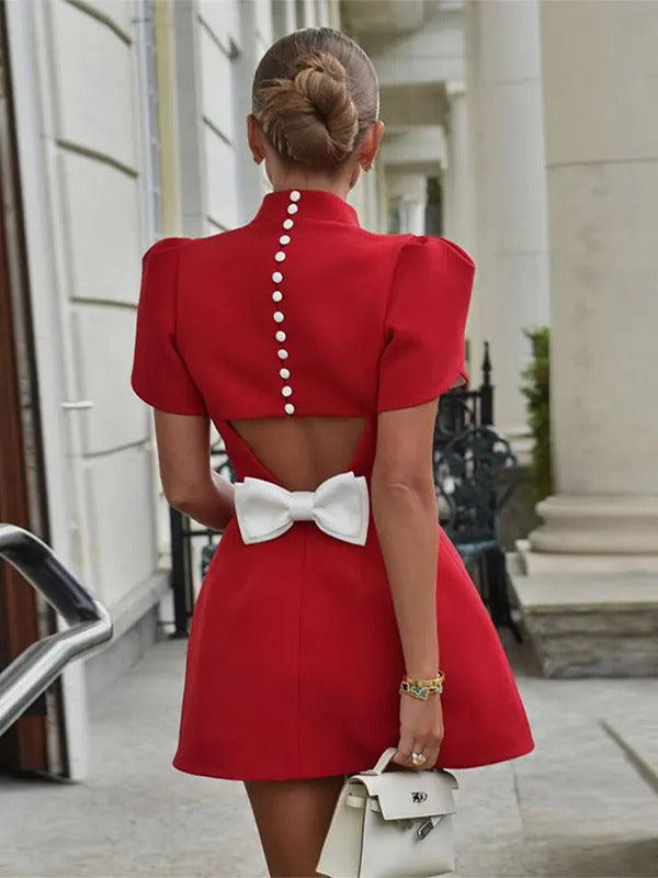 Women Red Bow Mini Dress Short Sleeve Fashion Pad Shoulder Dresses  Backless Hollow Out Ladies Summer Chic A-line Party Vestidos