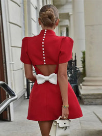 Women Red Bow Mini Dress Short Sleeve Fashion Pad Shoulder Dresses  Backless Hollow Out Ladies Summer Chic A-line Party Vestidos