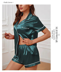 Summer Silk Satin Women Pajamas Set Button Down Top & Shorts 2 Pieces Sleepwear Notched Collar Nightwear Loungewear for Women