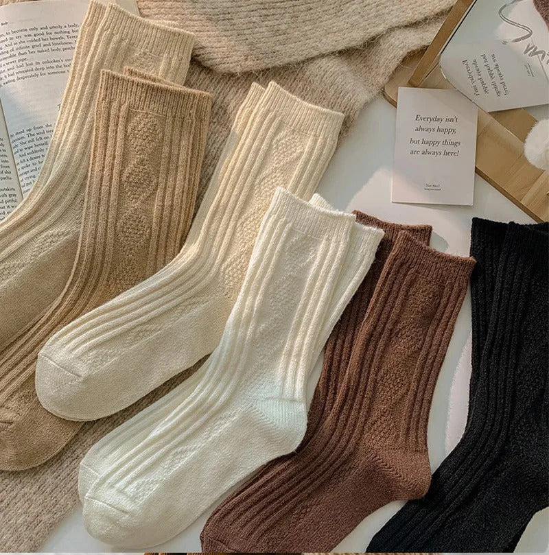 3 Pairs/Lot New Cashmere Wool Socks Women's Winter Thicken Warm Black White Pack Set Thermal Japanese Fashion Solid Color