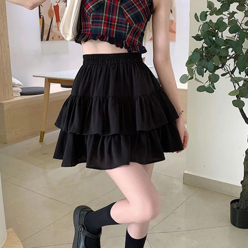 Pleated A-Line Skirt Women White Ruffle Sweet Tierred Pretty Style Skirt Elastic Waist Summer Slim Basic Korean Harajuku Dress