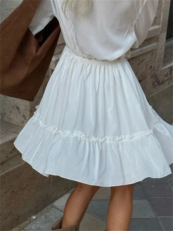 Tossy Ruffled V-Neck White Mini Dress Female Patchwork Long Sleeve Elegant Bandage Fashion Dress High Waist Lace-Up Women Dress