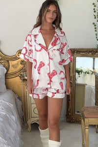 White Full Pattern Shirt and Shorts Satin Pajama Set