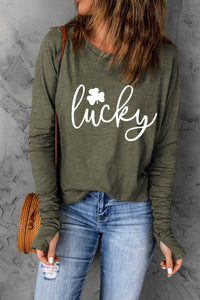 Green Lucky Clover Graphic Print Long Sleeve Tunic Top