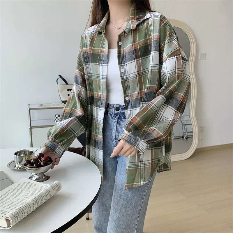 Plaid Shirt Women Autumn Long Sleeve Top Female Vintage Fashion Single Breasted Blouse Ladies Preppy Style Loose Check Shirts